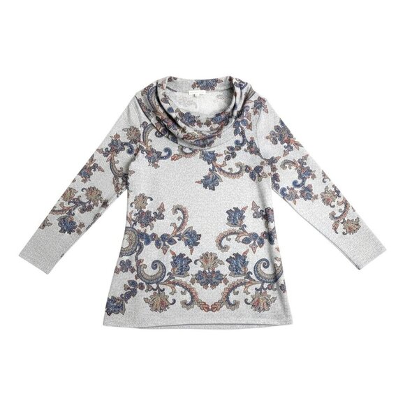 Cactus & Pear Floral Cowl Neck Long Sleeve Tunic Top with Beaded Embellishments - Picture 2 of 13